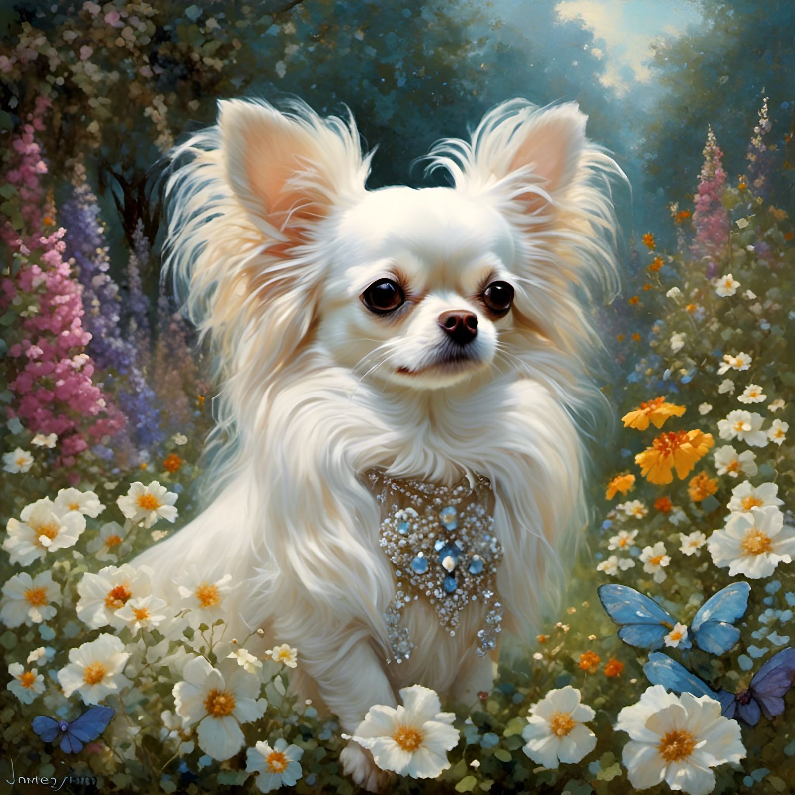 Winged Chihuahua in Garden: Oil Painting