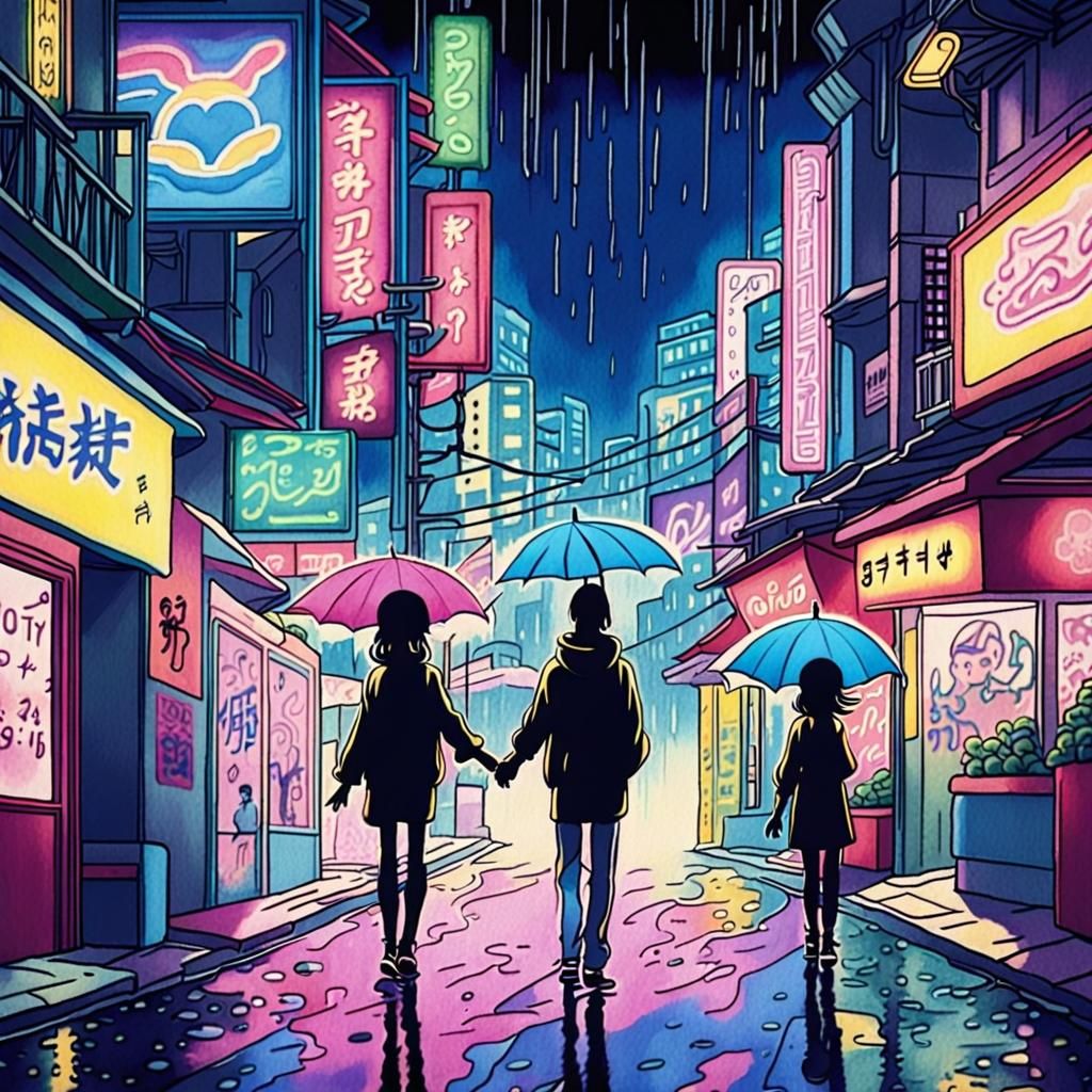 Anime Couple in Rainy Tokyo Streetscape