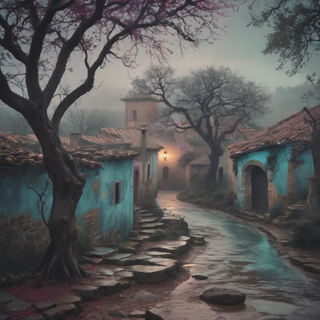 Misty Figure in Rain-Soaked Spanish Village Illustration