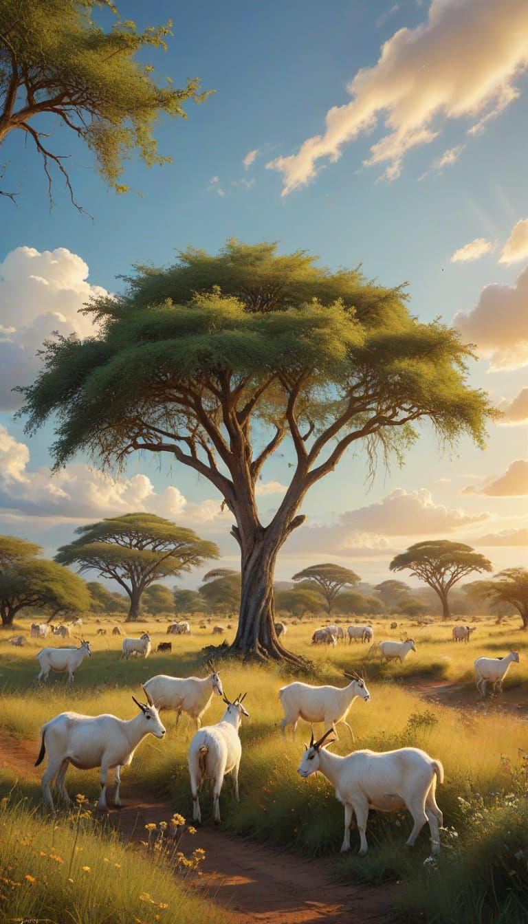 Goats Grazing in African Savannah Oil Painting