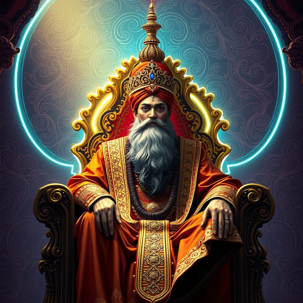 Cyberpunk Sikh Lord in Gold and Crimson Regalia, Surrounded ...