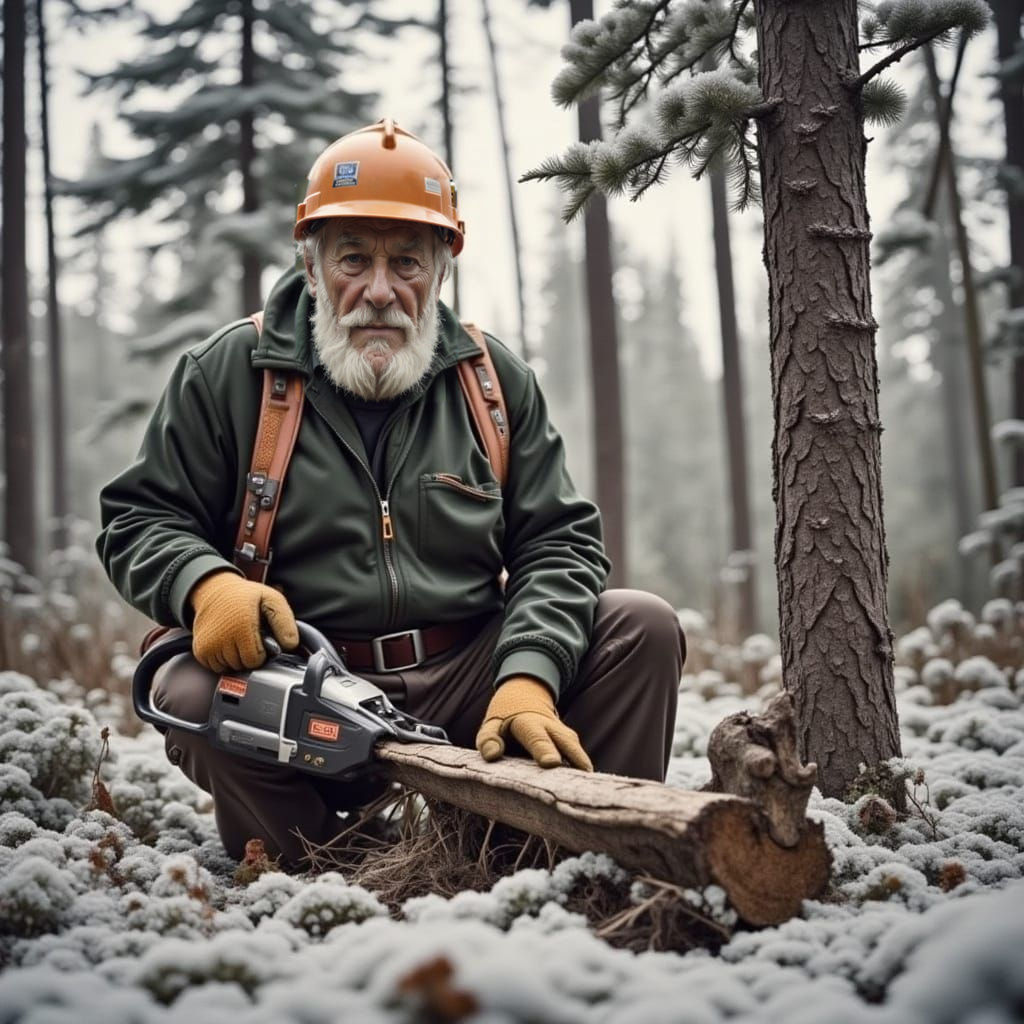 Elder Man Sawing Tree in Detailed Matte Painting