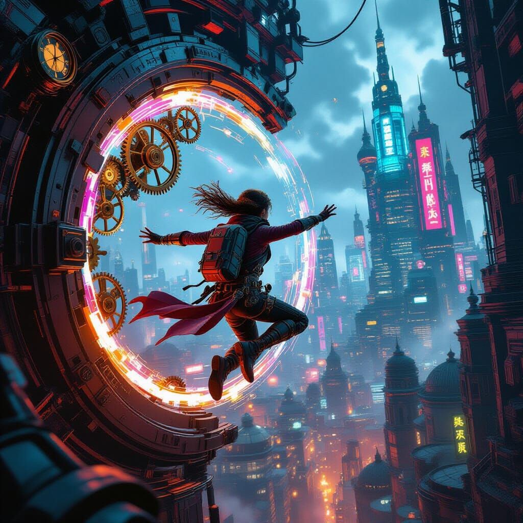 Steampunk Adventurer Leaps into Neon Cityscape