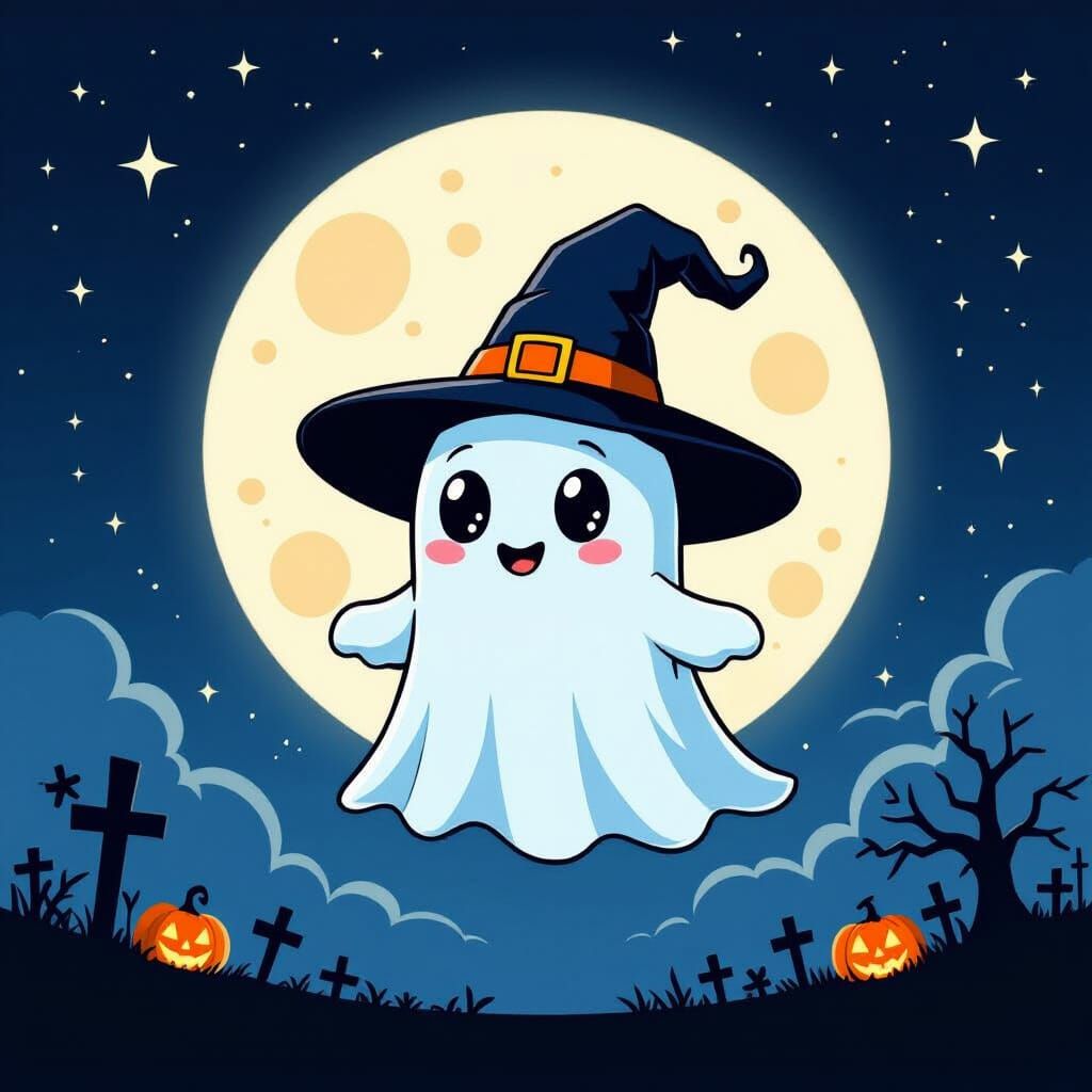 Friendly Cartoon Ghost in Witch Hat Under Full Moon