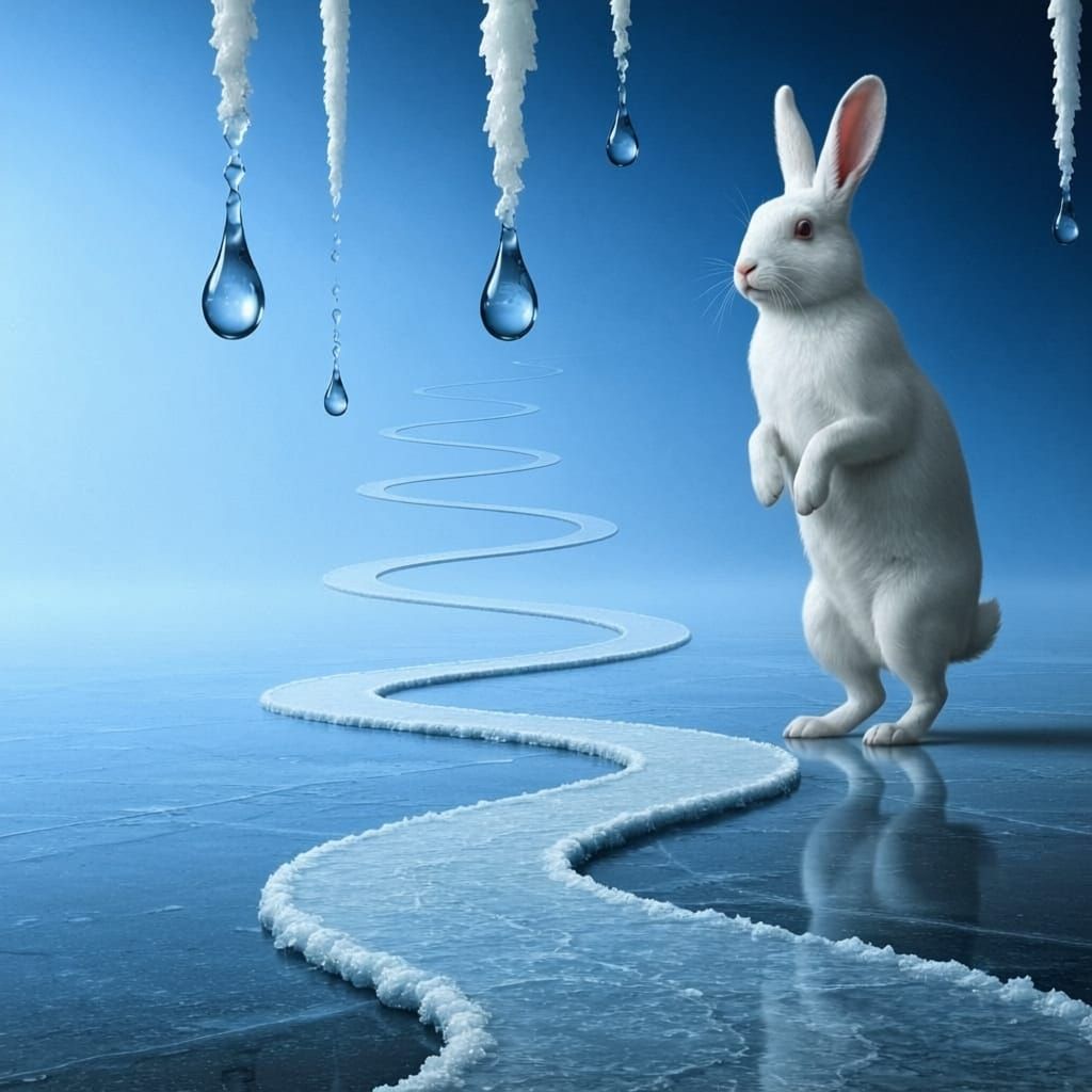 Surreal Icy Path with Giant Rabbit in Dreamlike Landscape