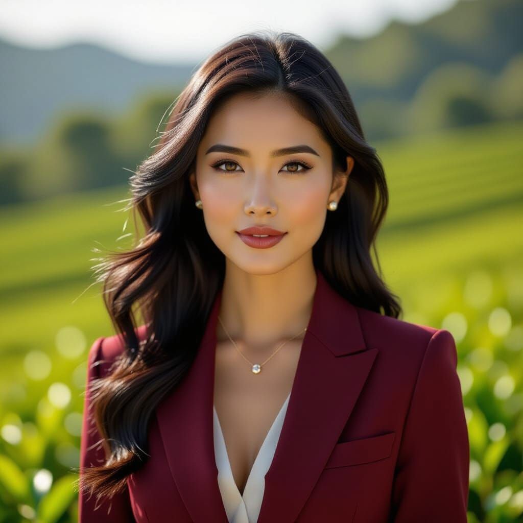 Hyperrealistic Portrait in a Sun-Drenched Tea Plantation