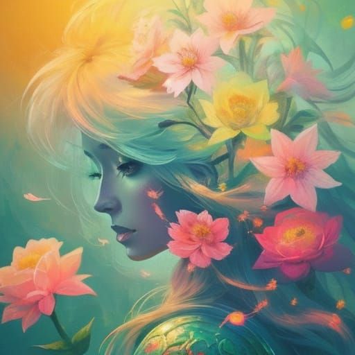 Beautiful Woman with Glowing Flowers in Fantasy Art Style