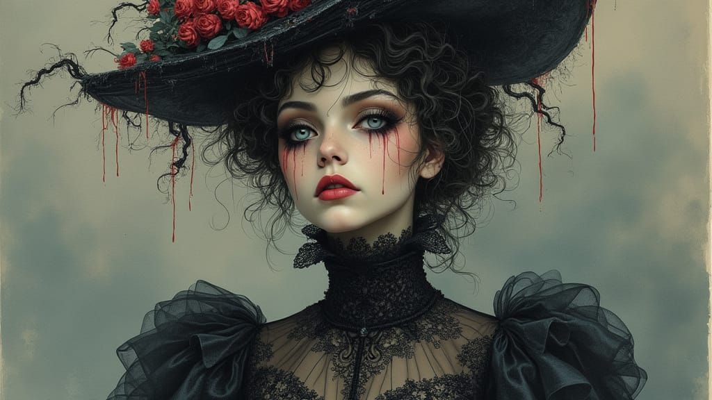 Melancholic Victorian Figure in Retro-Futuristic Ink and Wat...