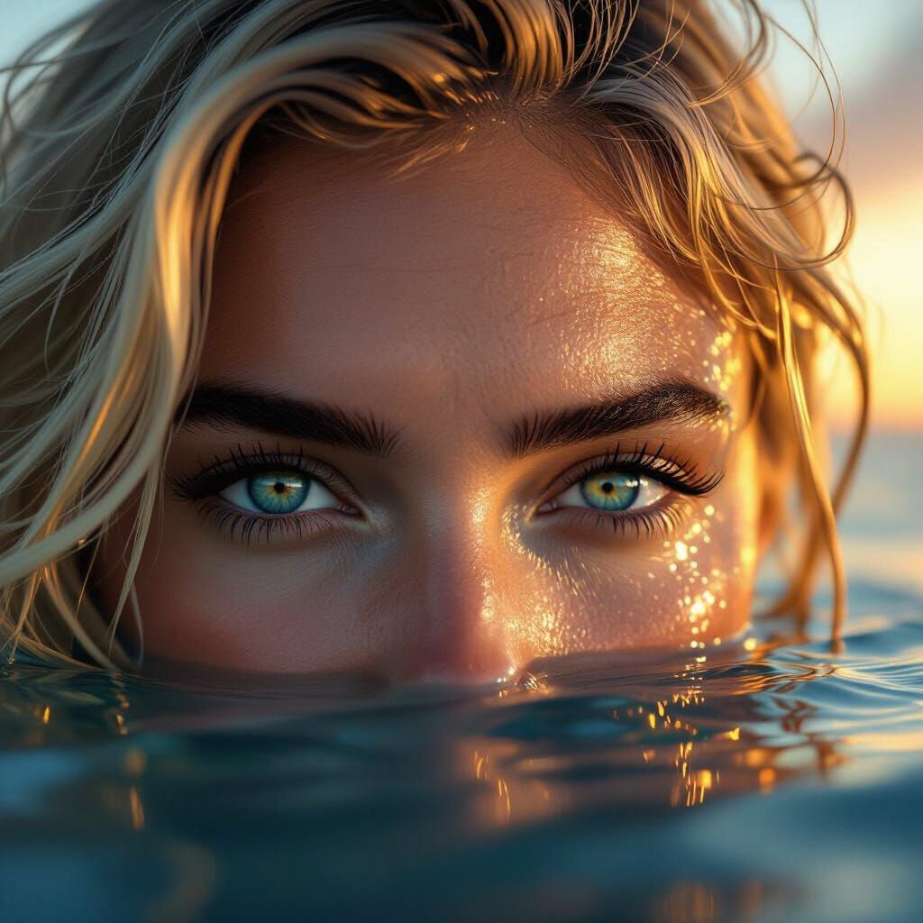 Woman's Eyes Above Ocean at Sunset, Photorealistic Style