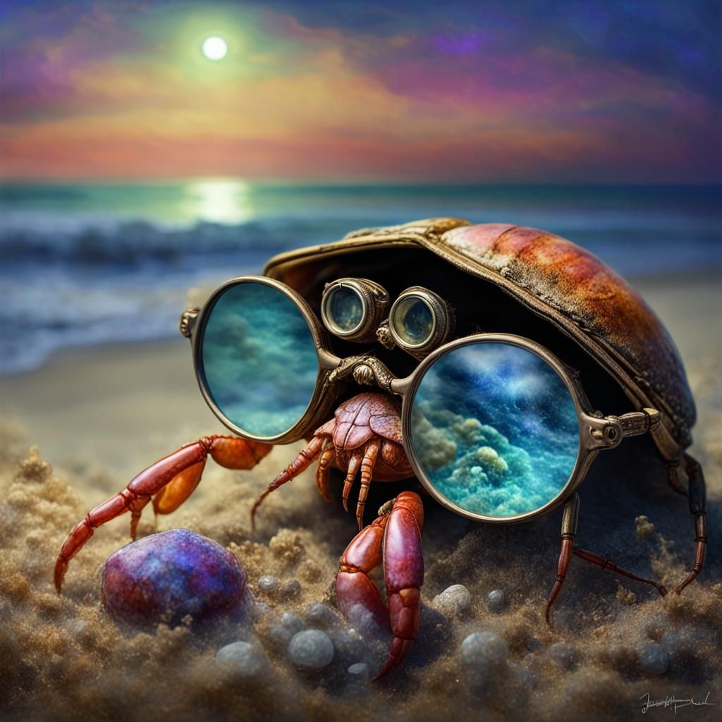 Hermit crab wearing sunglasses on the beach