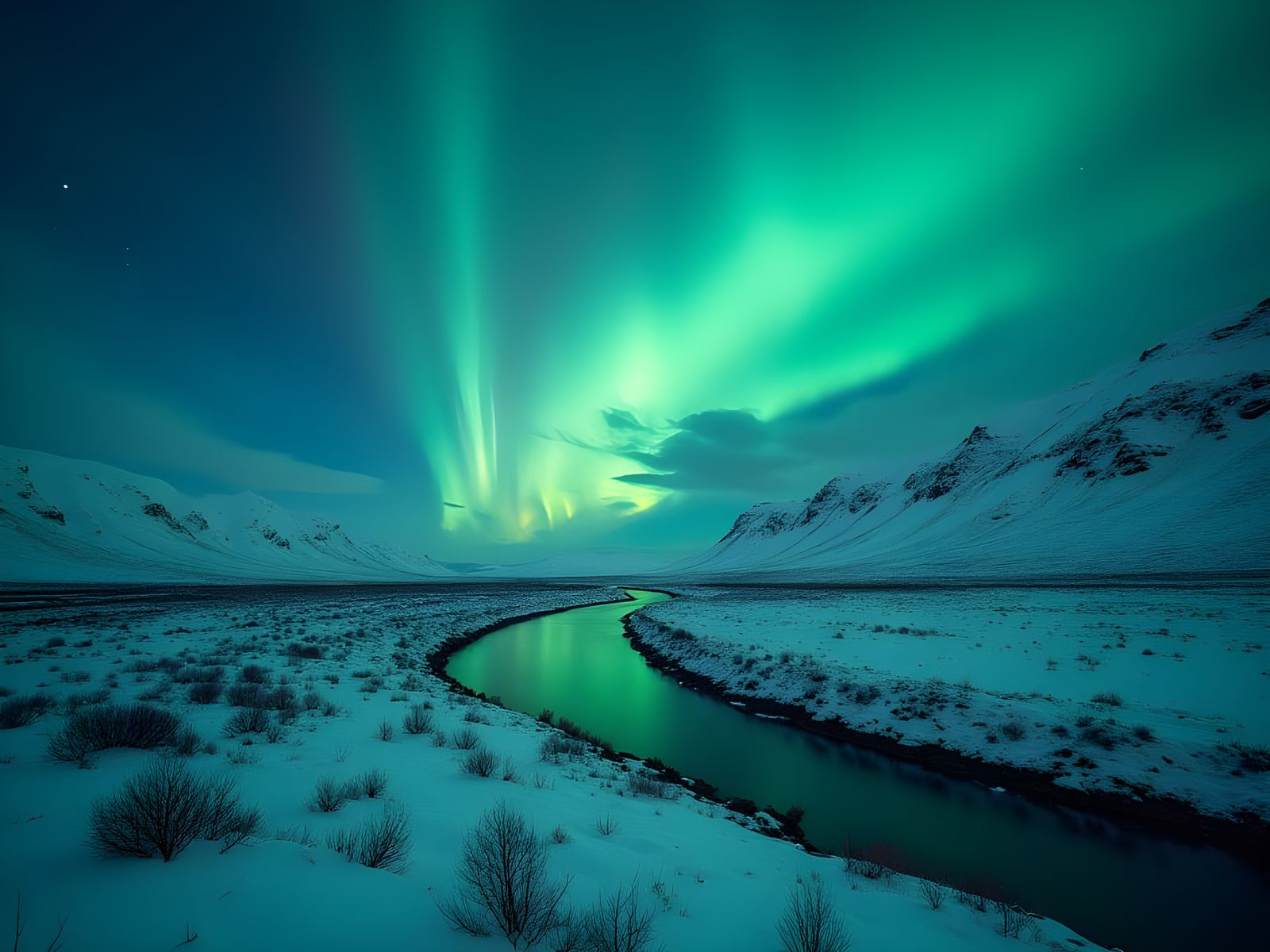 Icelandic Winter Landscape with Northern Lights