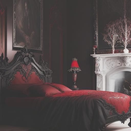 Beautiful red and black gothic bed& hyperdetailed art nouvea...