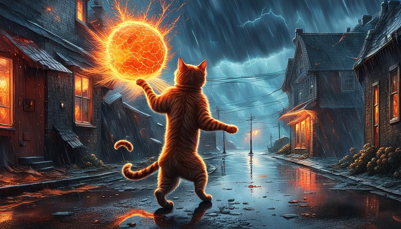 Giant Cat Unleashes Fiery Fury in Stormy Night
