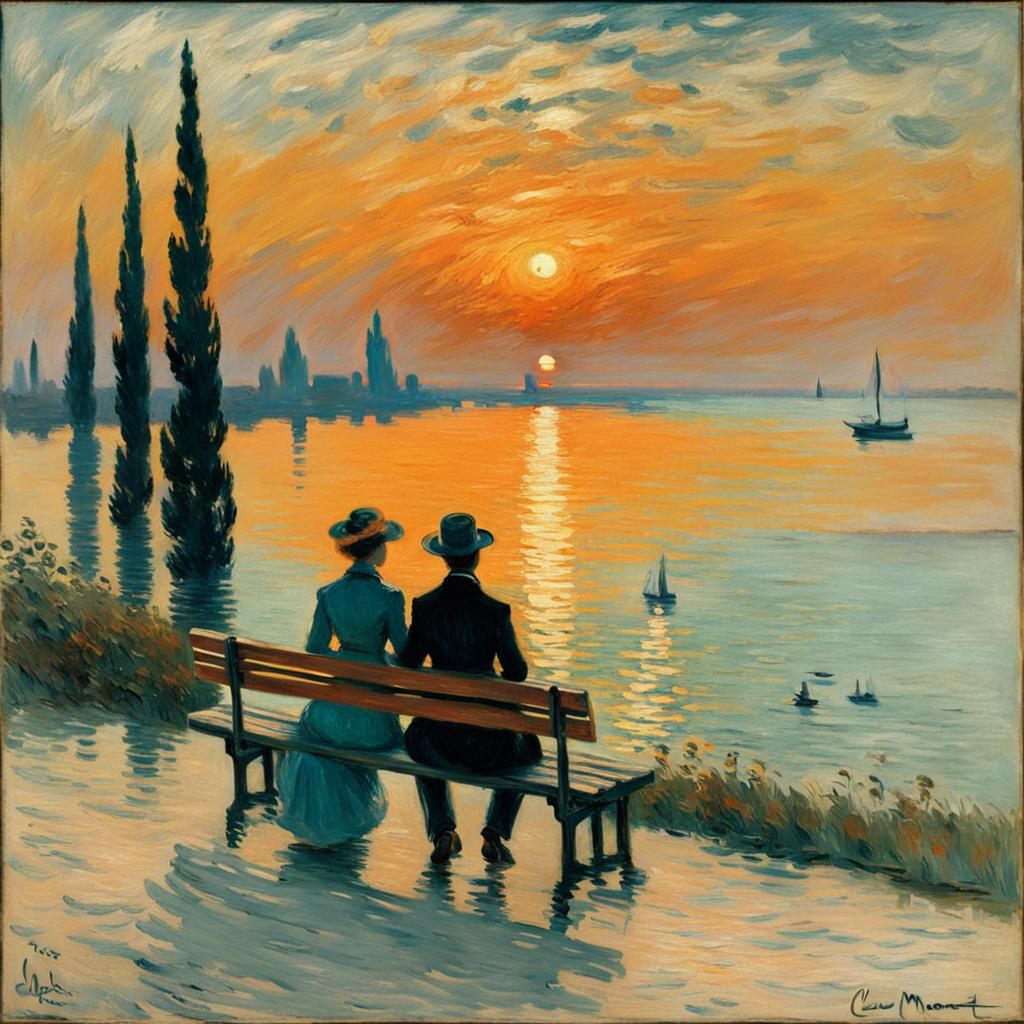 A young couple watching the sunset, Claude Monet style.