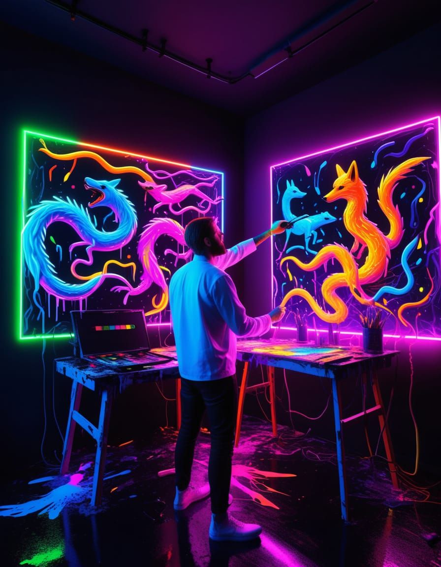 Neon Painter Creates Light Creatures in Dark Studio