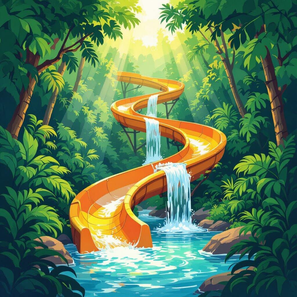Tropical Water Slide in Lush Jungle, Illustrative Style