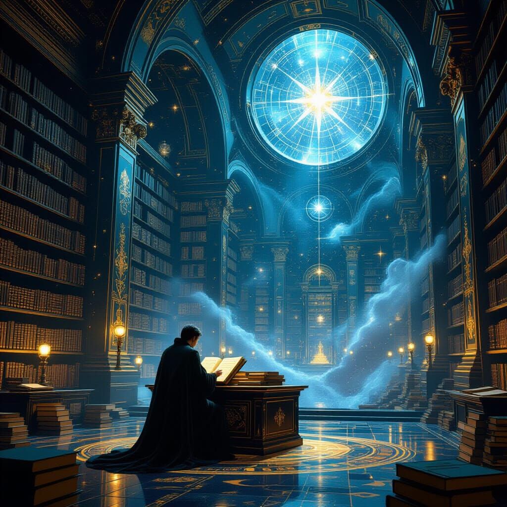 Scholar in Nebula Library with Glowing Tomes and Celestial M...