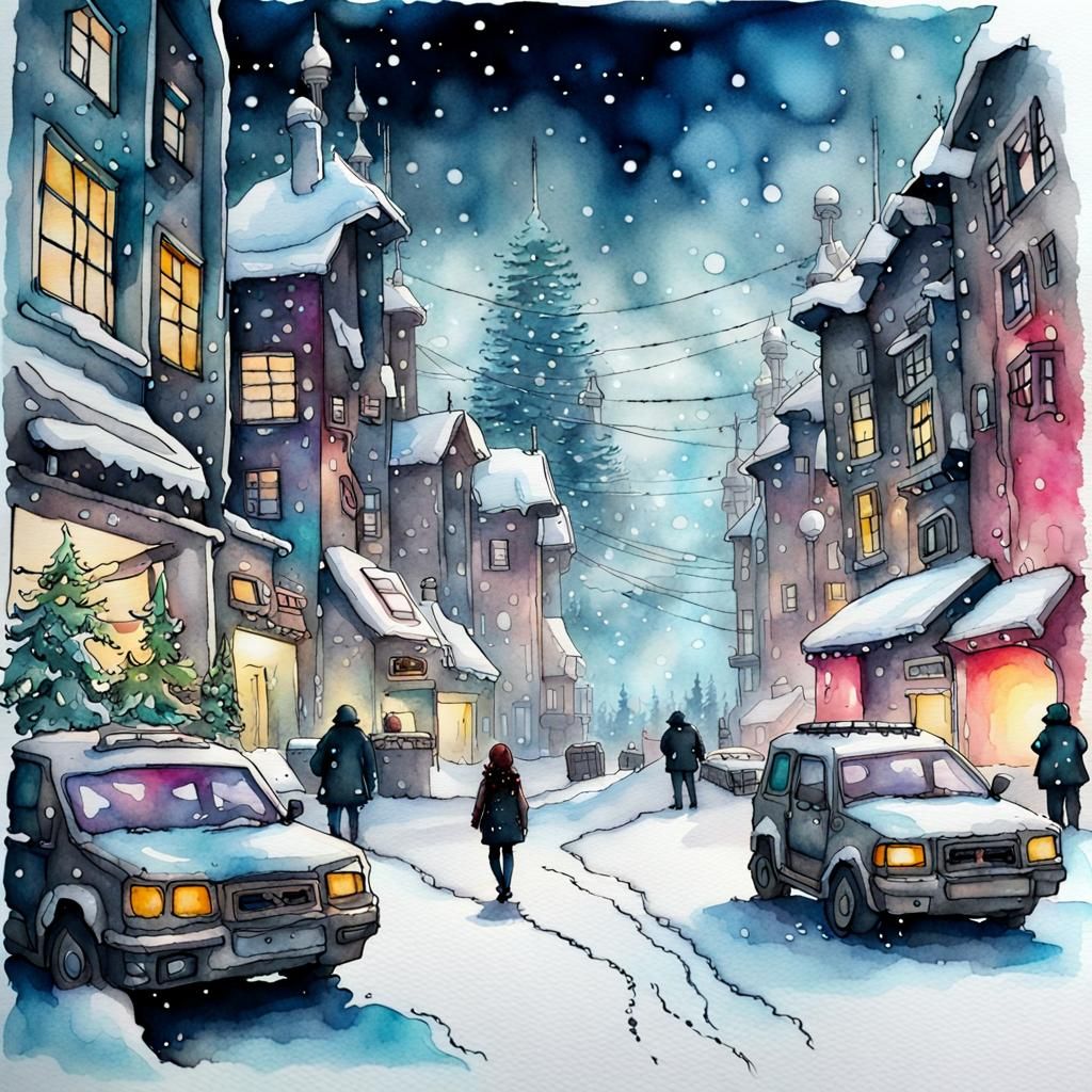 Cyberpunk Winter Wonderland in Watercolor Style