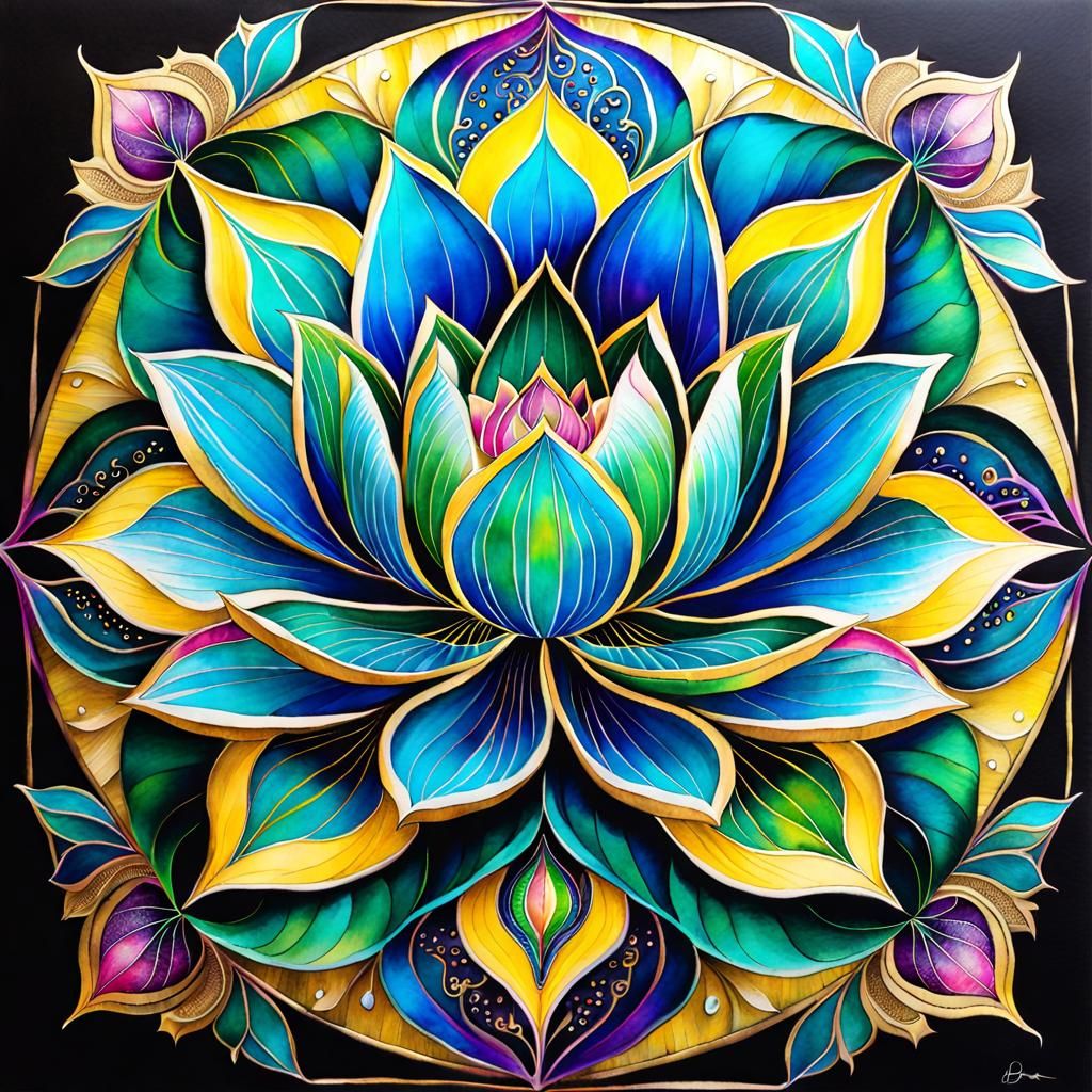 Sri Lankan Kandyan Design with Blue Lotus in Mixed Media