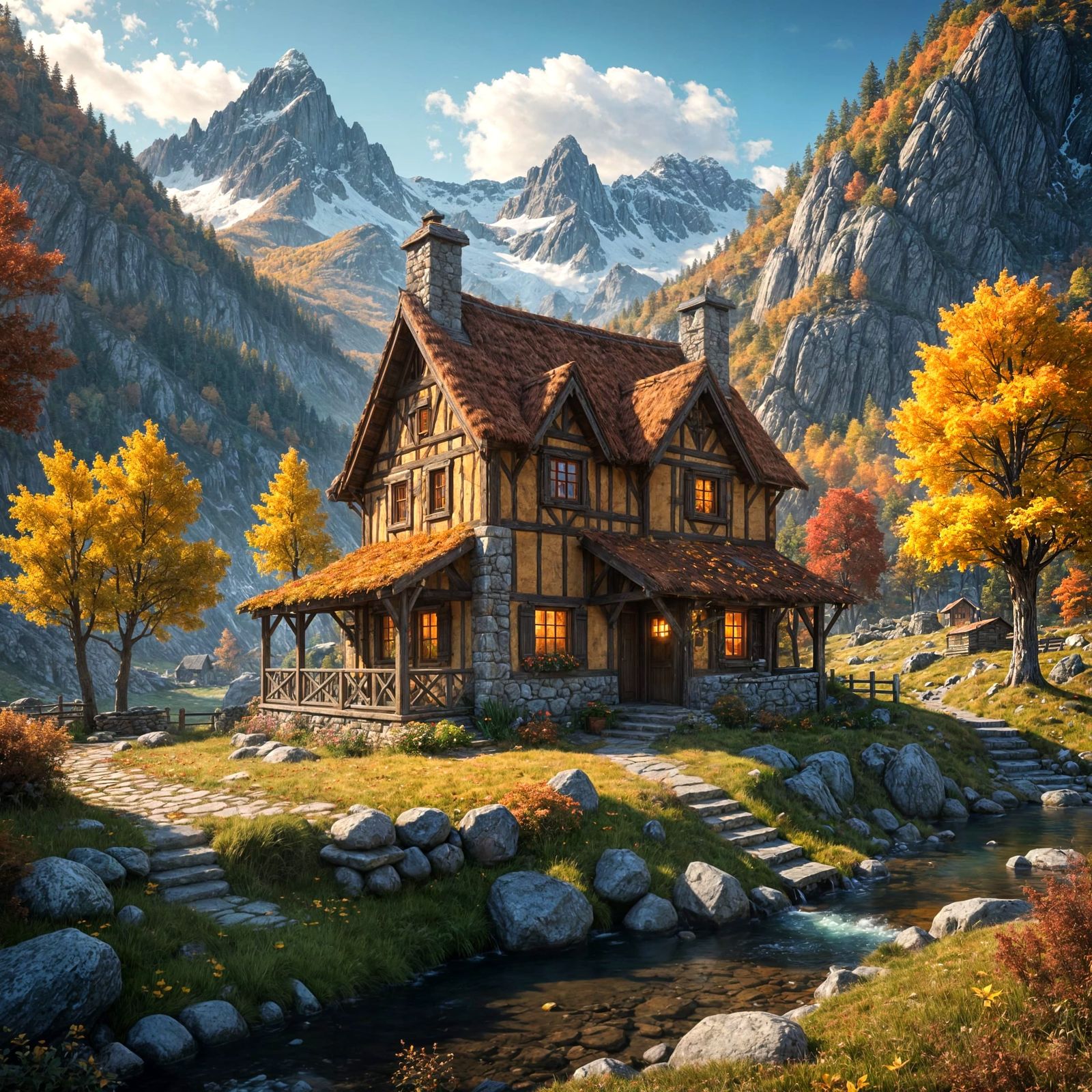 Autumn Cottage in the Mountains: Detailed Matte Painting