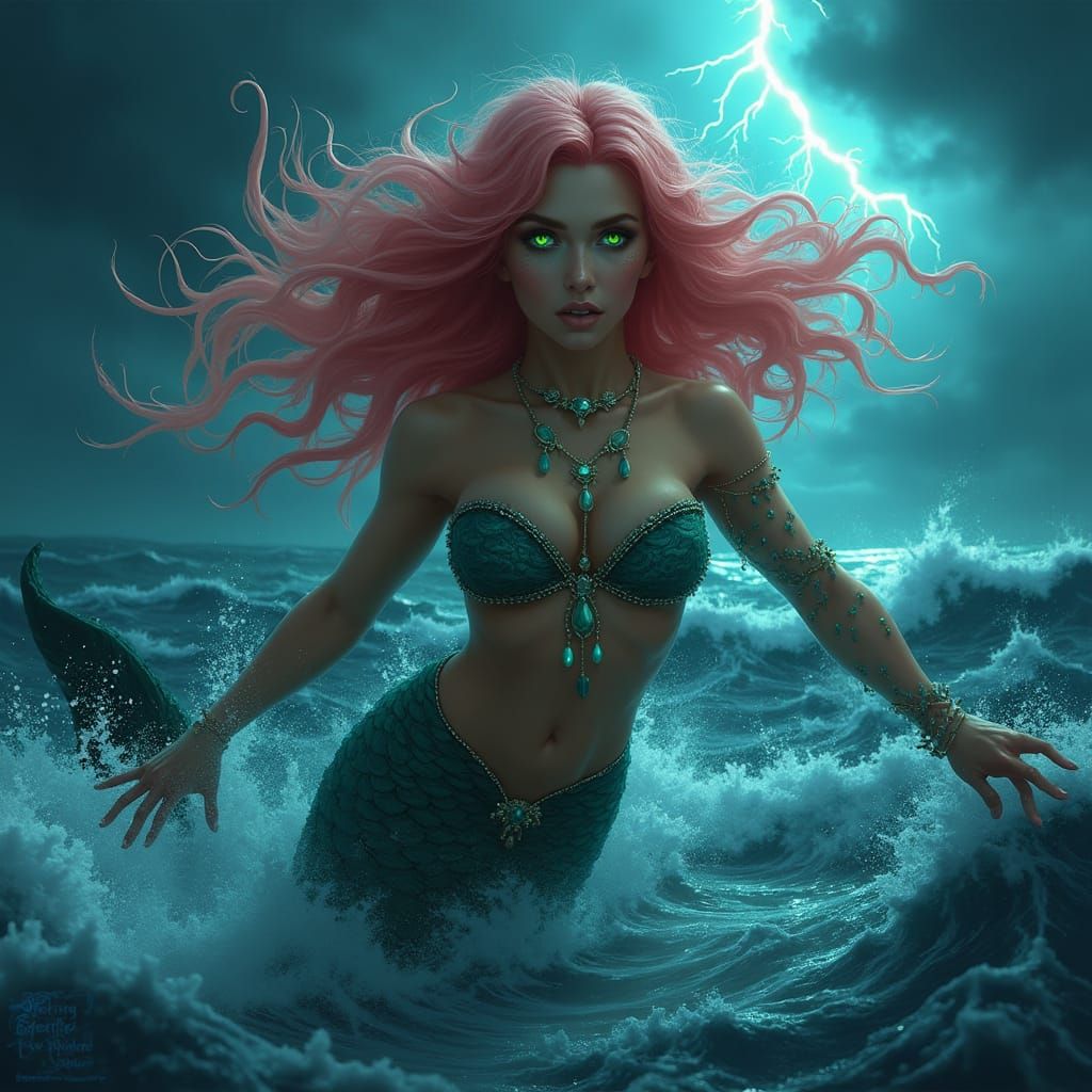 Mermaid Swimming in Stormy Ocean with Orca