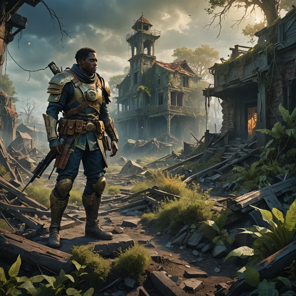 Heroic Soldier in Ruined Settlement: Fantasy Concept Art