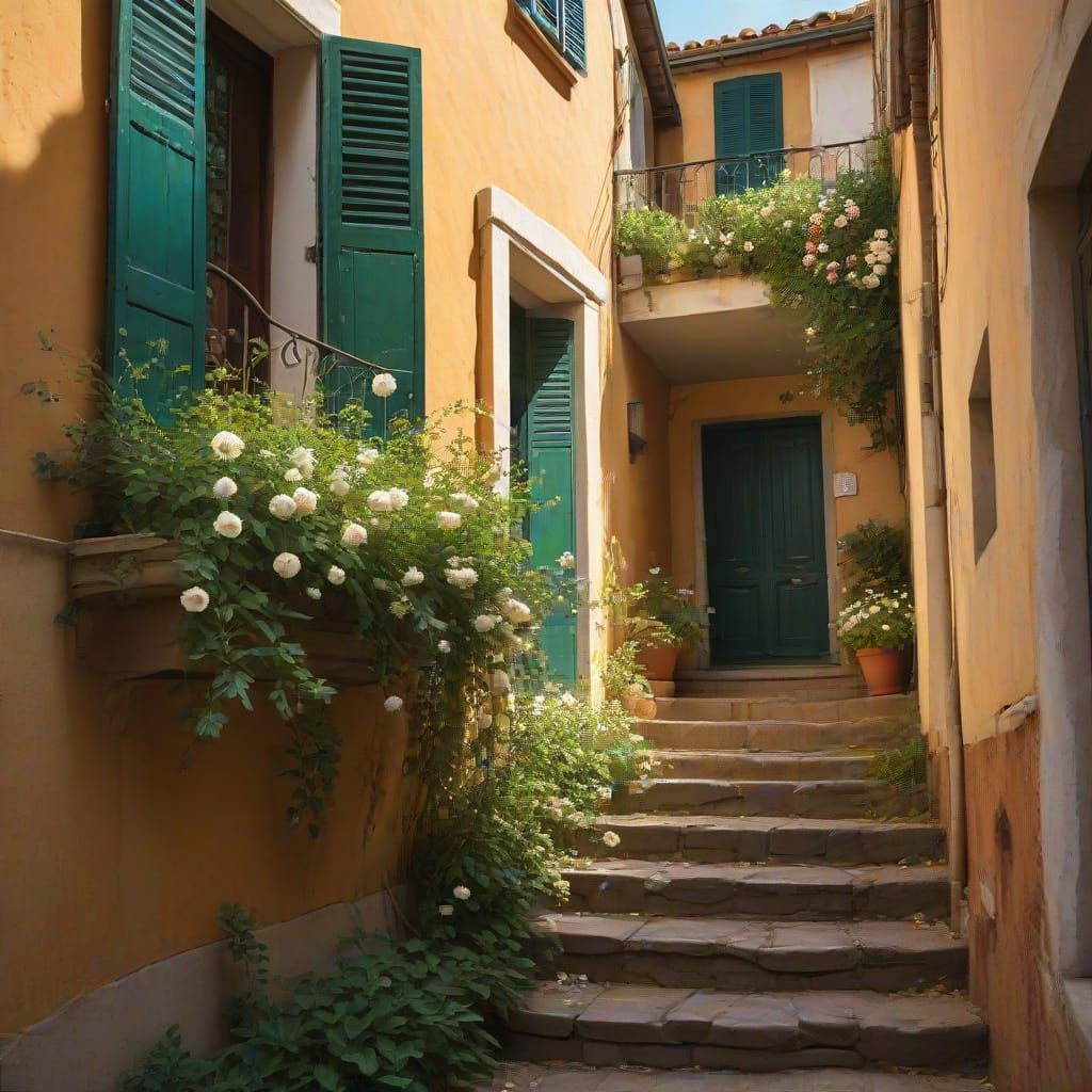 Surreal Italian Village Street in Impressionist Style