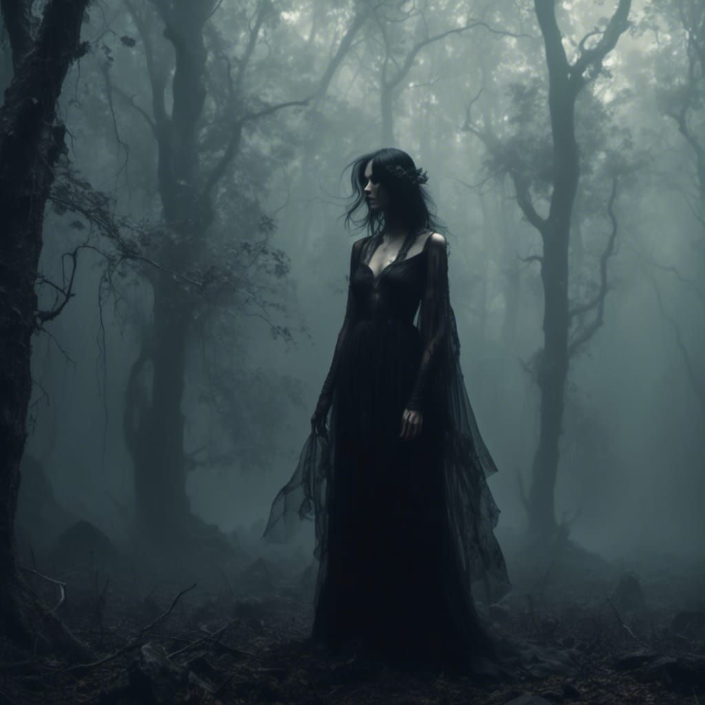 Ethereal Woman in Dark Woods: Hyperrealistic Dark Fantasy