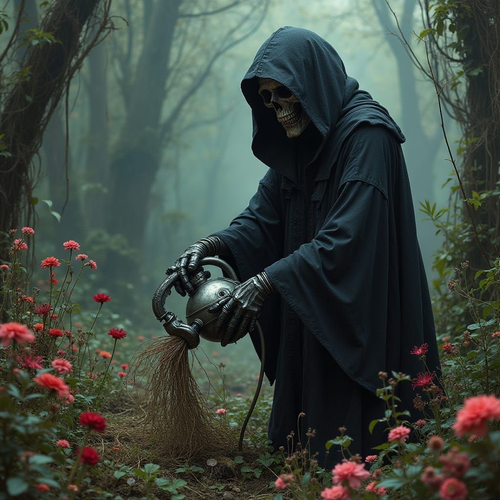 Grim Reaper Tending Death Bot in Ethereal Garden