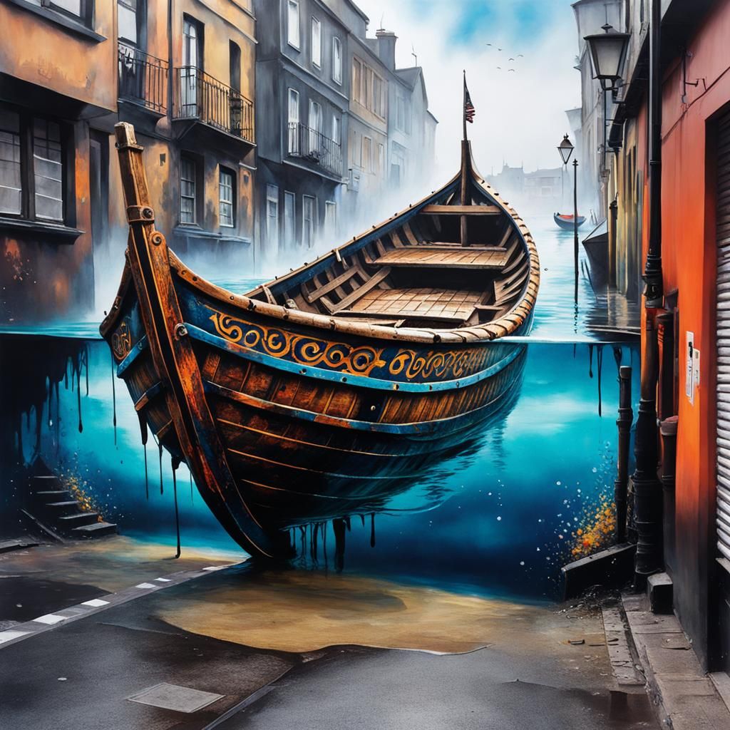 Sunken Viking Boat Street Art in Impasto Style