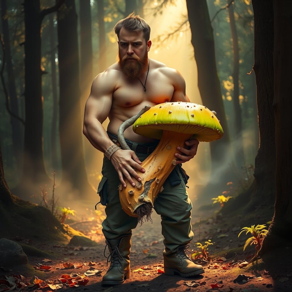 Rugged European Hero Holds Mysterious Stinkhorn