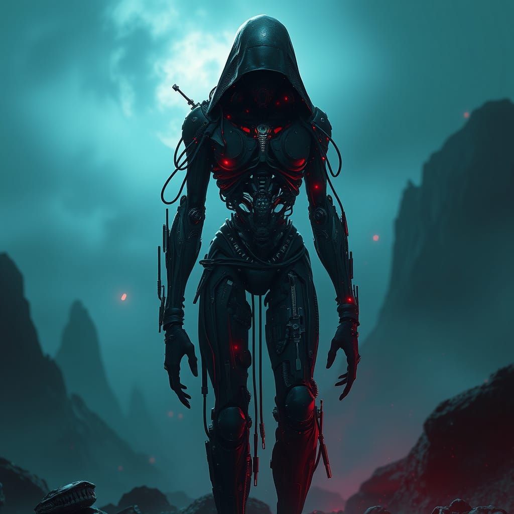 Mysterious Figure in Biomechanical Cyberpunk Style