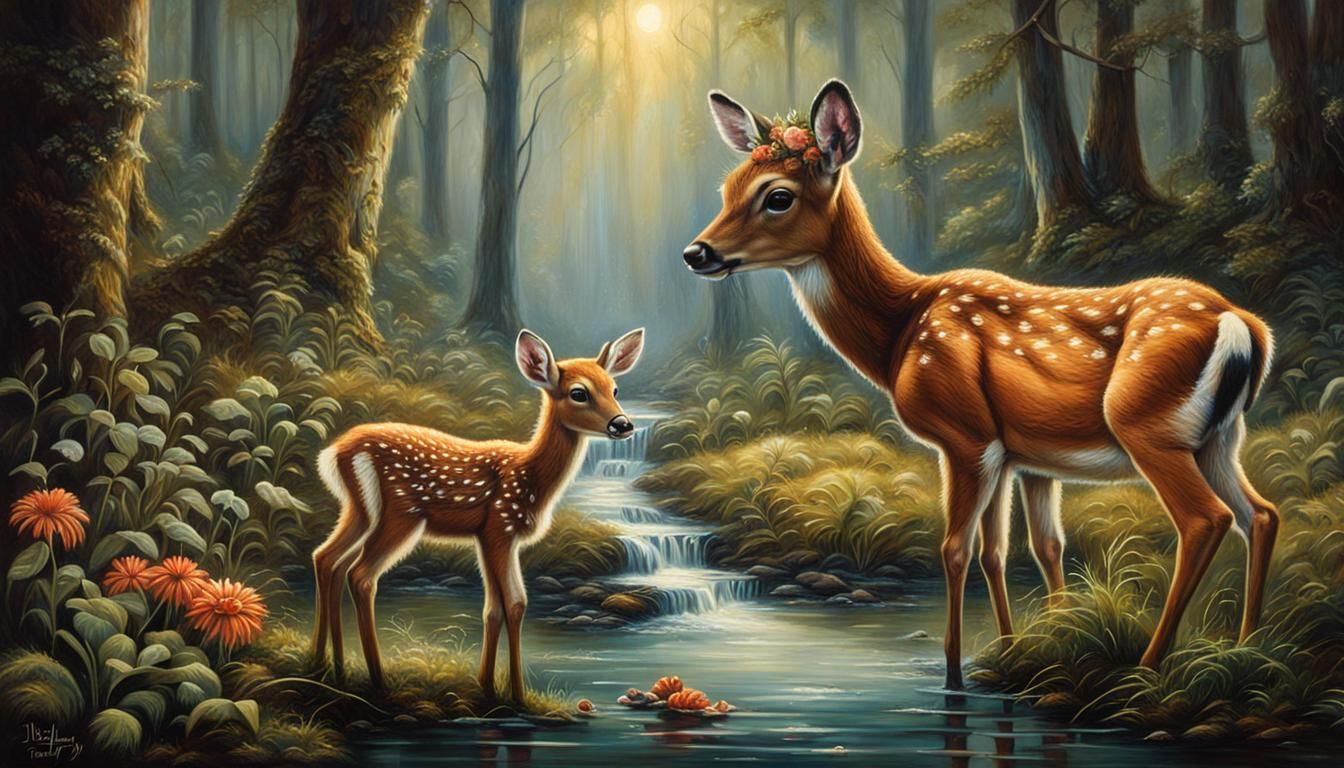Fawn and Mother in Magical Forest, Wildlife Art
