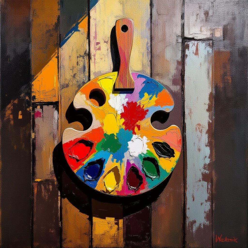 Impasto Palette on Textured Wooden Wall Painting