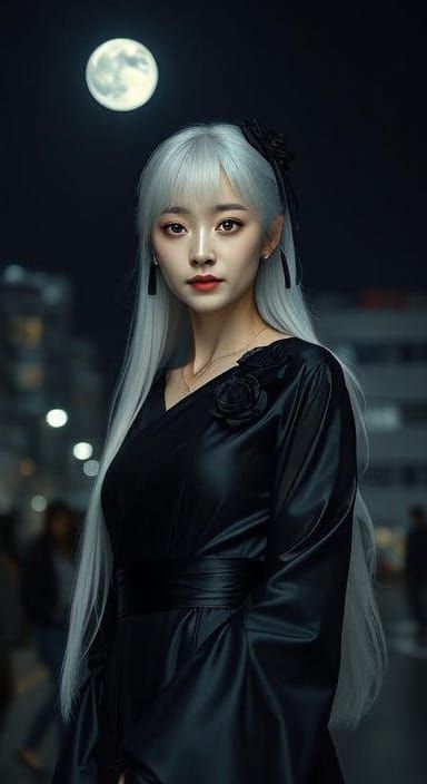 Mature Japanese Woman with White Hair Under Moonlight