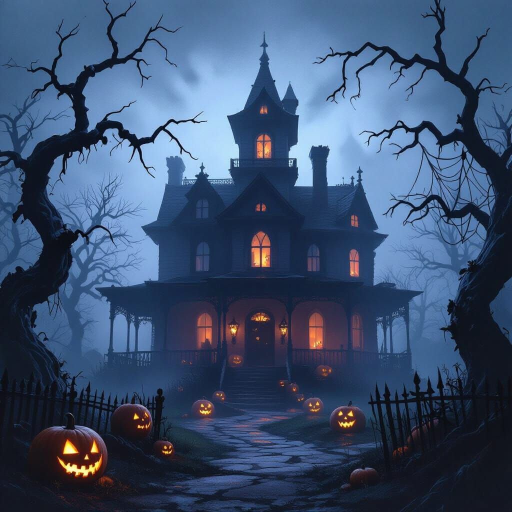 Eerie Haunted Mansion with Jack-o'-Lanterns