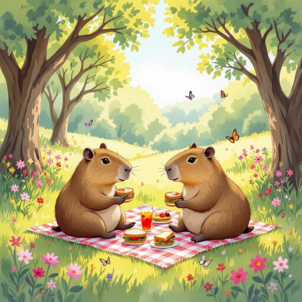 Capybaras' Delightful Picnic in Watercolor Meadow
