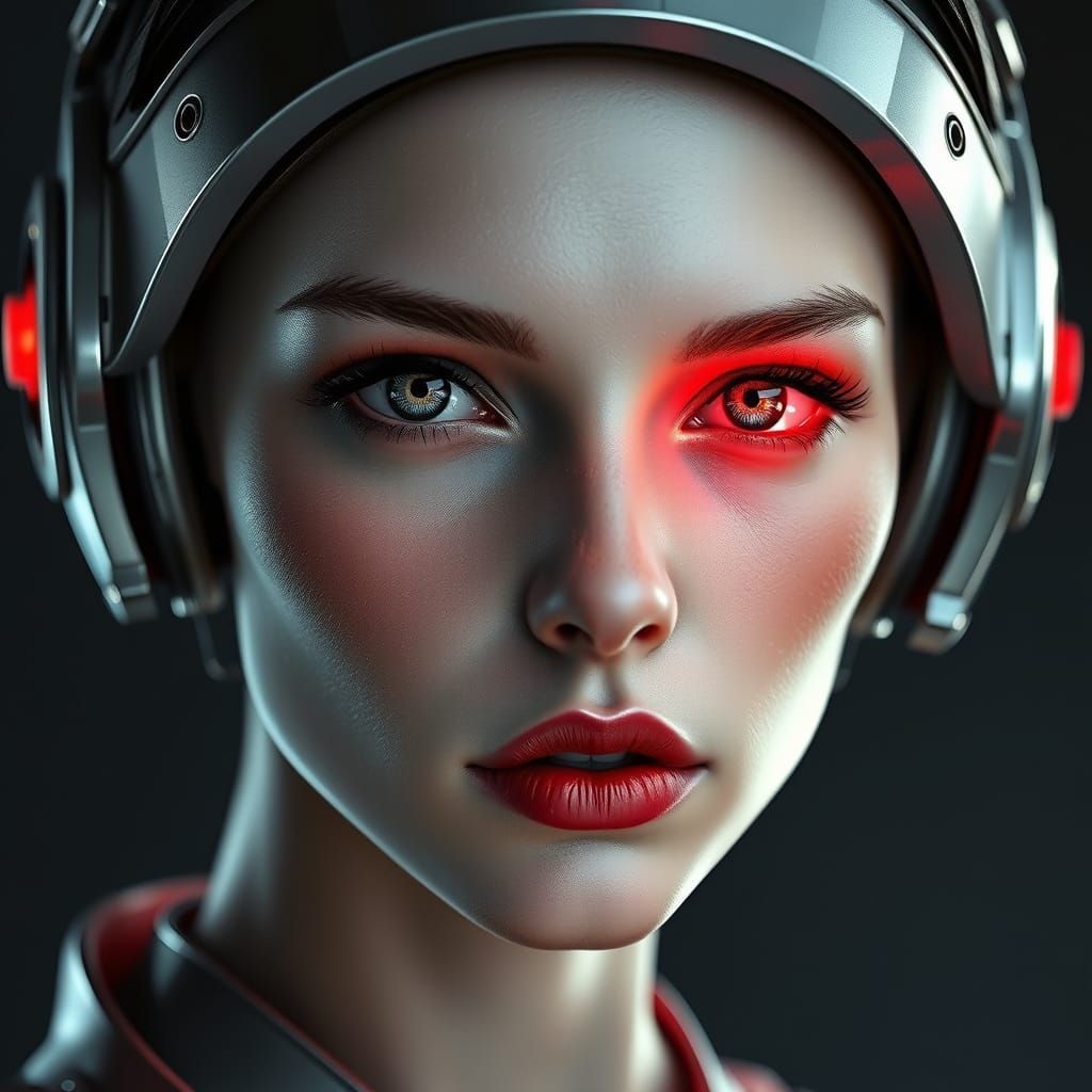 Cyberpunk Woman with Glowing Red Eye in Hyper-Realistic Port...