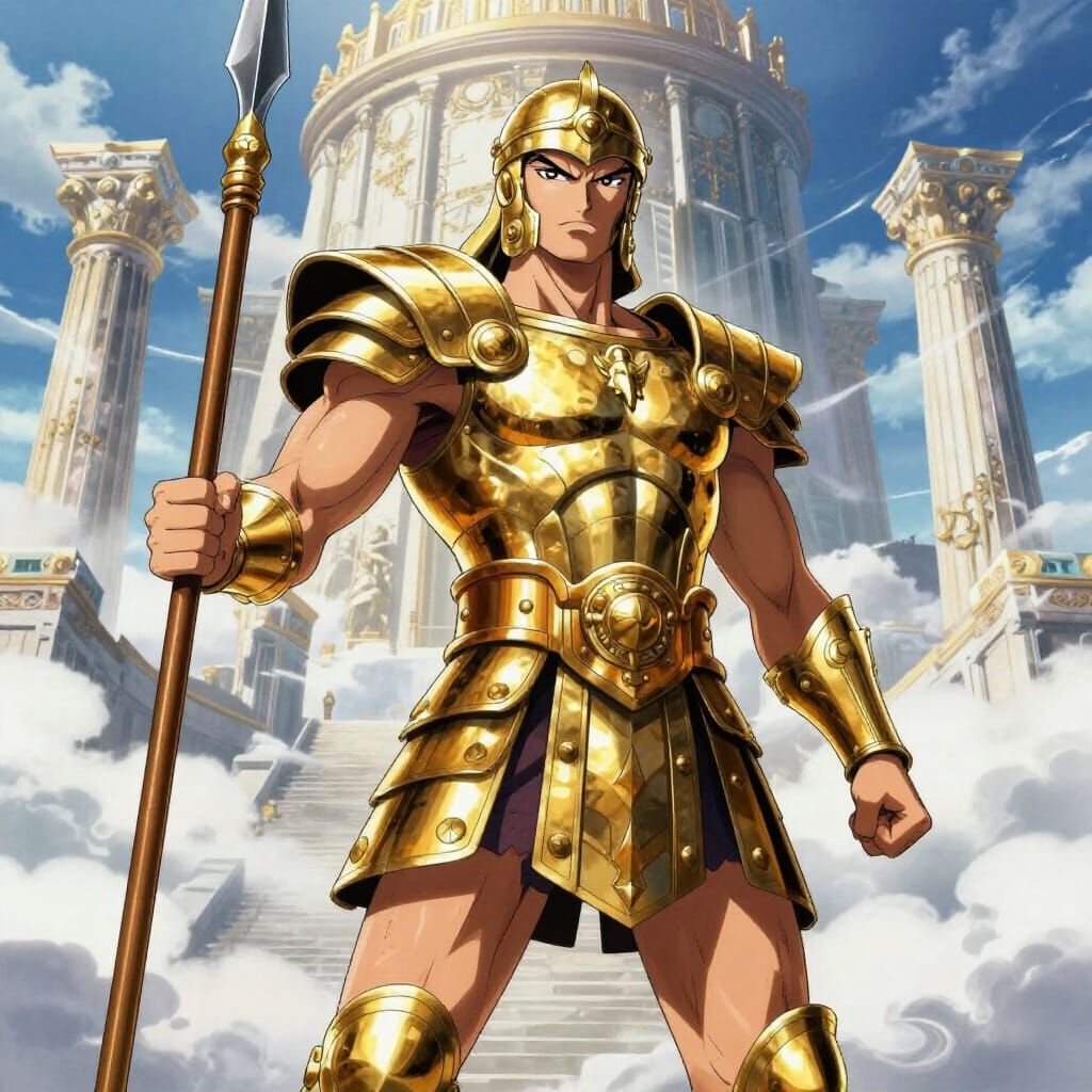 Muscular Greek Warrior in Dynamic Anime Style