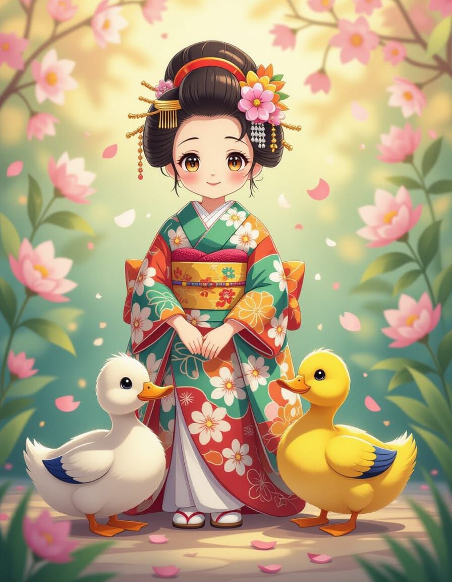 Patchwork Maiko Portrait with Playful Duck