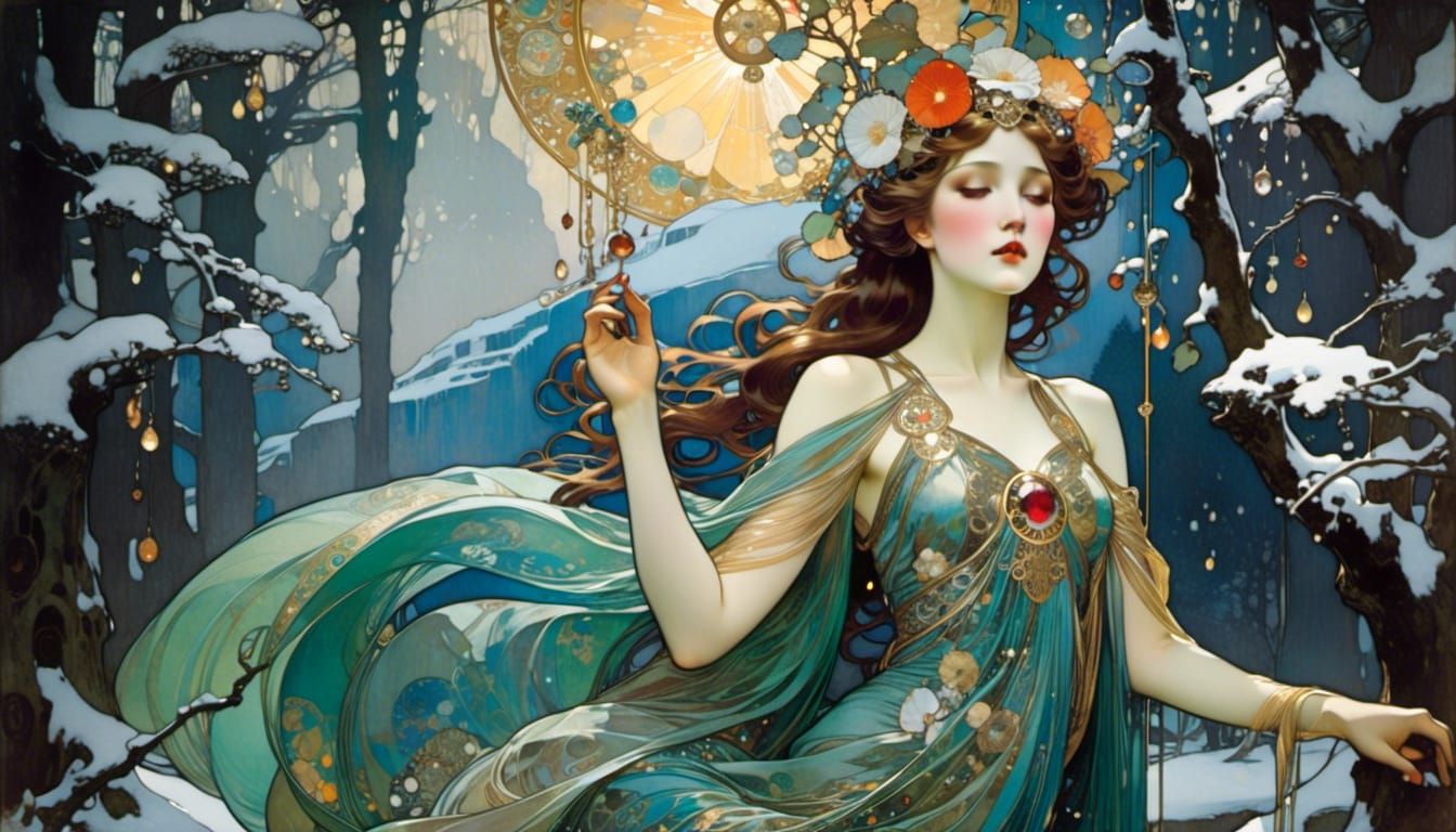 Winter Sprite at Spring's Threshold: Art Nouveau Painting