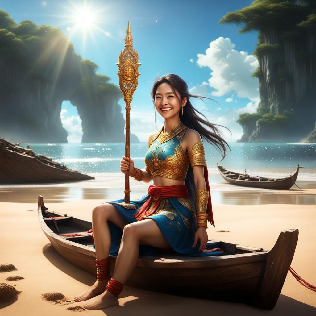 Asian Woman Smiling on Sunny Beach as Matte Painting