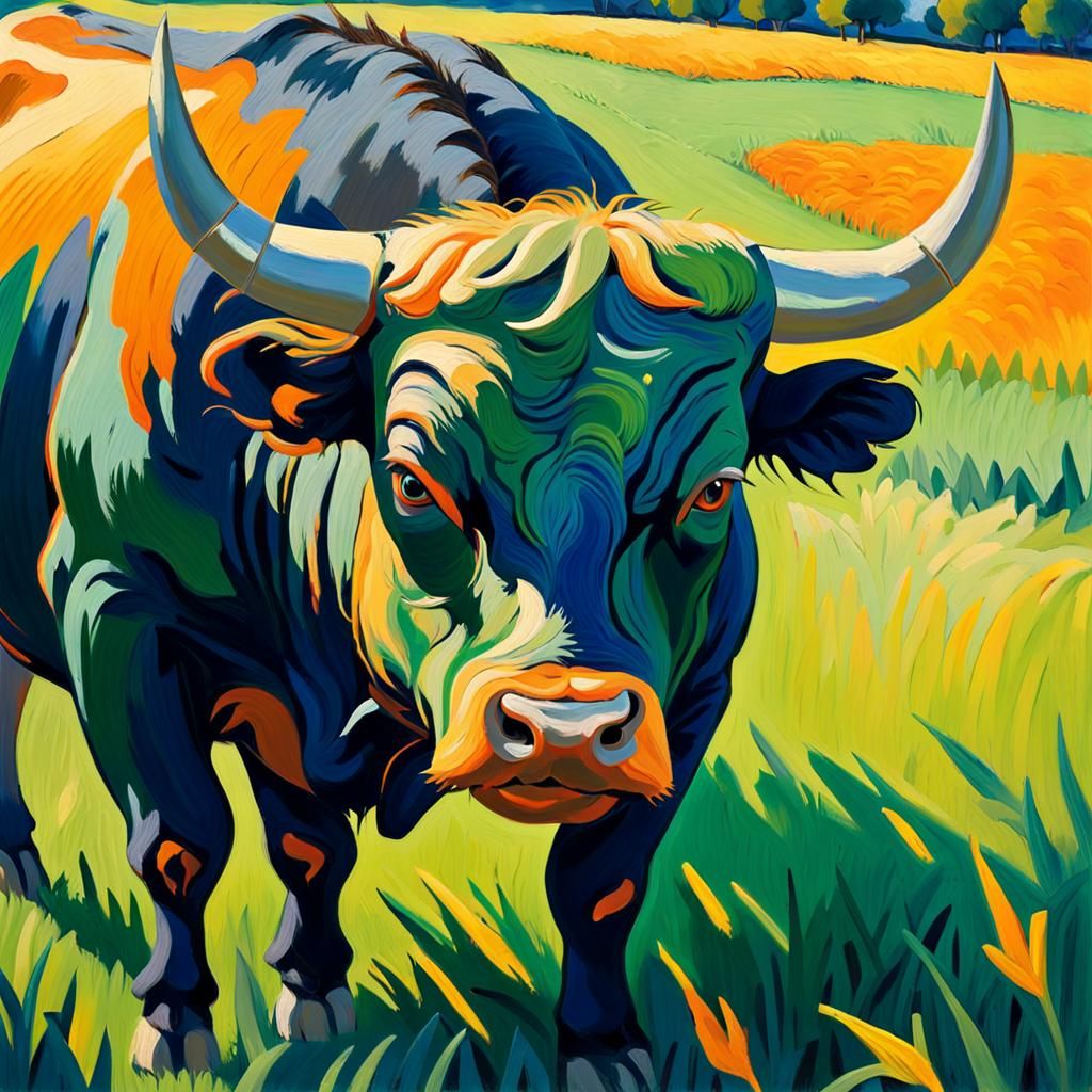 Abstract Expressionist Bull in Lush Green Field
