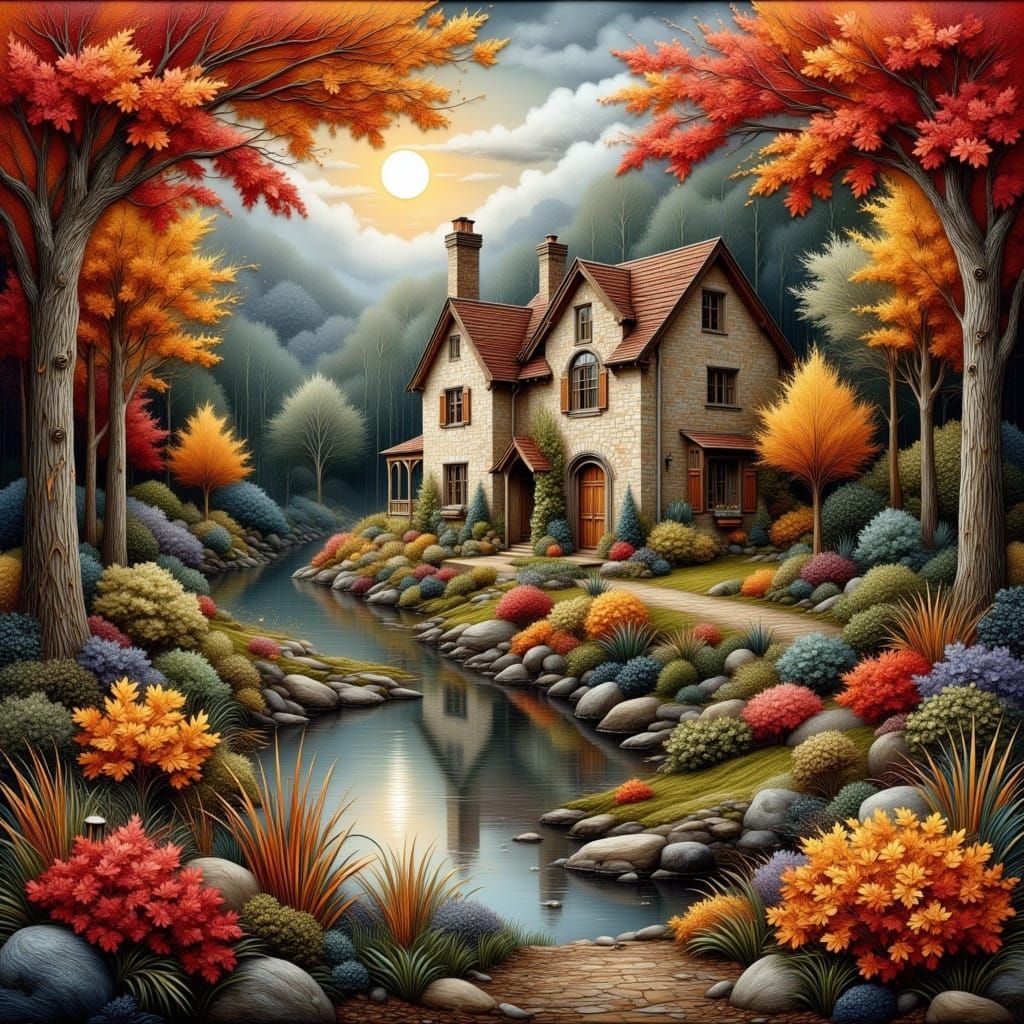 Quilled Autumn Forest Cottage Under Moonlight