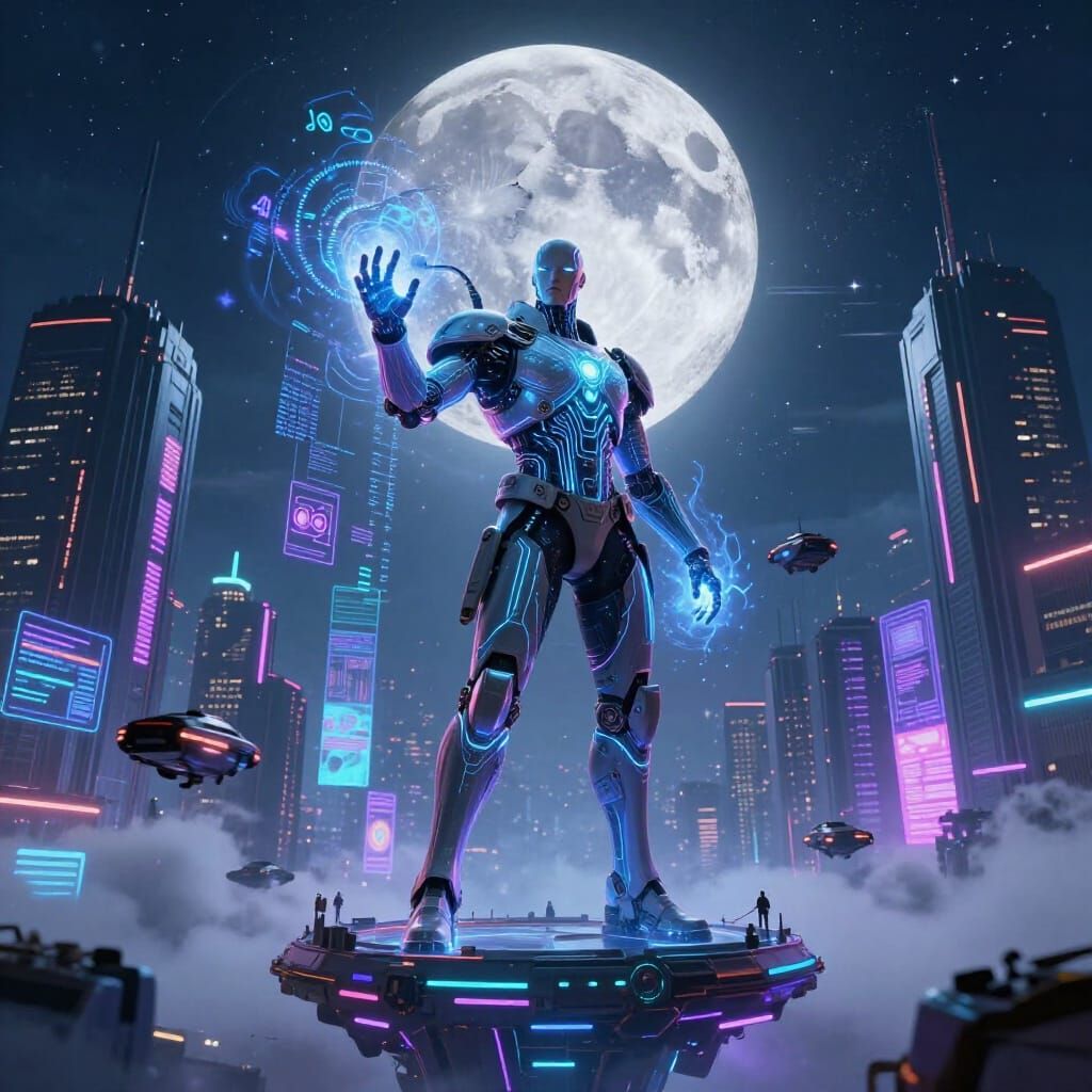 Futuristic Technomancer Above Cyberpunk Megacity