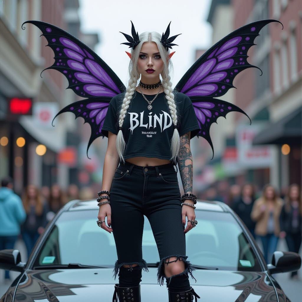 Gothic Faerie in Cityscape, Photorealistic Style