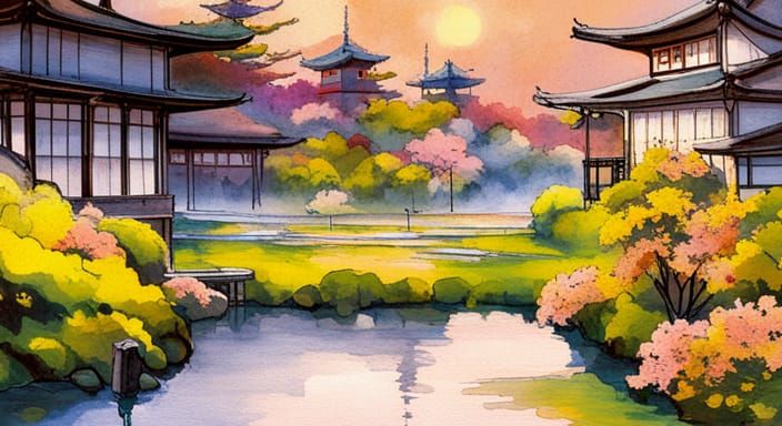 Japanese Garden with Bubble Fountain, Ghibli Style