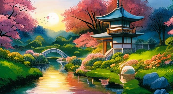 Japanese Garden with Bubble Fountain, Ghibli-esque