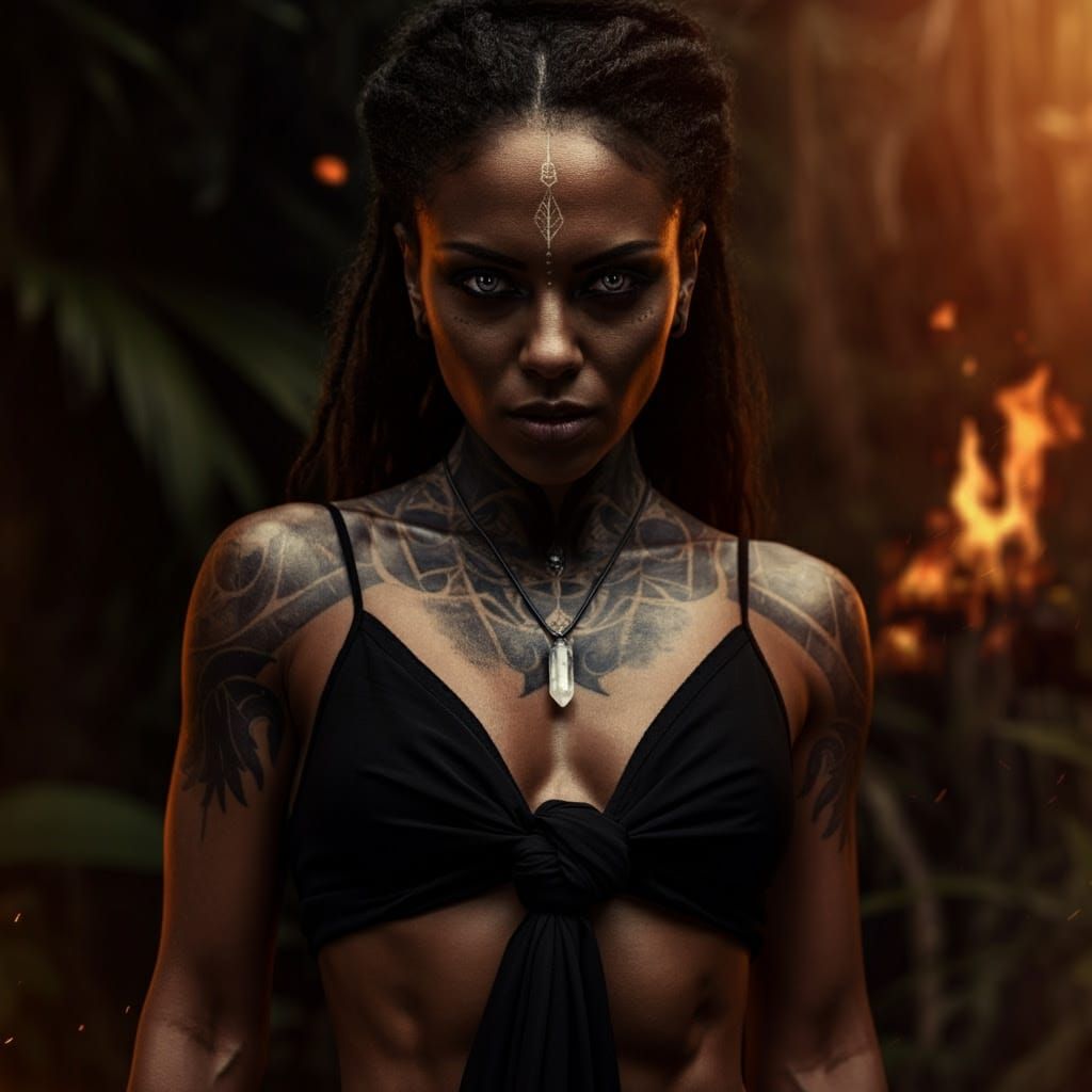Fierce Dark-Skinned Woman with Magical Tattoos