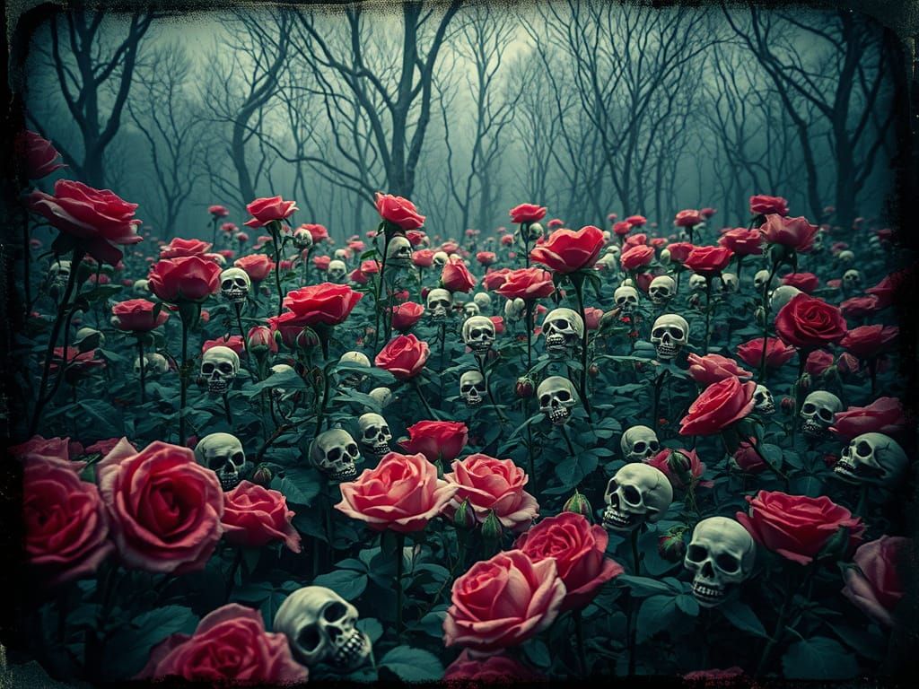 Gothic Rose Garden with Skulls in Vintage Style